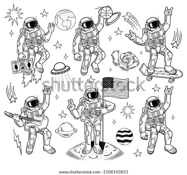 Download Space Set Bundle Engraving Collection Different Stock Vector Royalty Free 1508143853