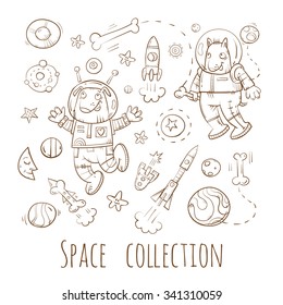 Space set. Cartoon dogs  astronauts. Vector doodle image.