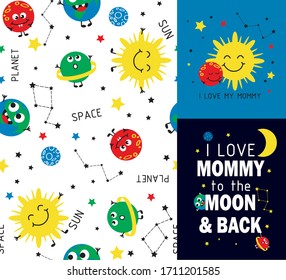 Space set with cartoon planet seamless pattern for babys