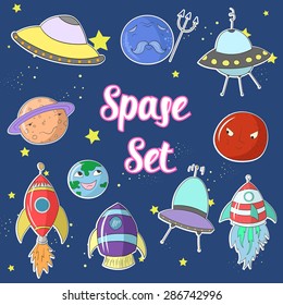 Space set cartoon UFO planets rockets vector illustration