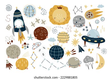 Space set with cute planets and spaceships on a white background. Vector illustration for baby and textile decoration