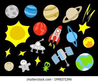 Space set cute planets stars spaceship ufo astronaut satellite cartoon illustrations