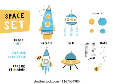 Space set: cute templates for birthday, anniversary, party invitations, summer holidays. Hand drawn vector illustration in blue and yellow colors