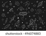 Space set in doodle style.Hand drawn vector illustration.