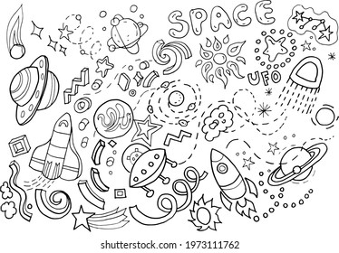 Space set doodle vector graphics illustration hand drawn print stars solar system planets comet asteroids spaceships
