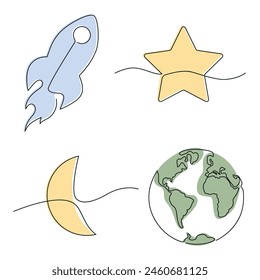 Space set drawn in one continuous line in color. One line drawing, minimalism. Vector illustration.