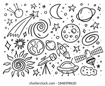 Space set elements. Doodle style vector illustration. Black outline. Isolated on white background.