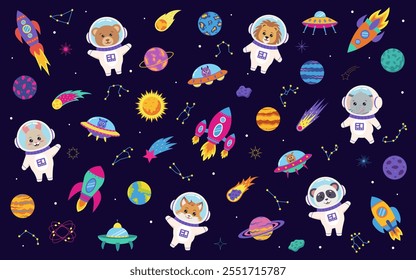 Conjunto de espacio. Conjunto de Elementos espaciales: planetas, cometas, cohetes, naves espaciales y animales astronautas: oso, panda, león, zorro, conejo, elefante.