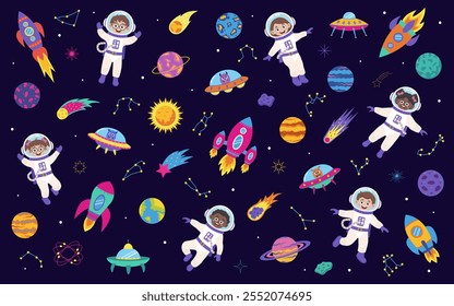 Space set. Set of space elements: planets, comets, rockets, spaceship and children astronauts.