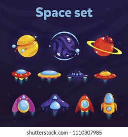 Space set. Fantasy cosmic items for mobile game or web design. Vector GUI elements for game design.