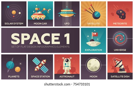 Space - set of flat design infographics elements. Colorful collection of square icons. Solar system, moon car, UFO, sattelite, meteorite, exploration, universe, planets, station, astronaut, dish