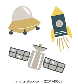 Espacio con platillo volador, cohete, satélite. Ilustración vectorial infantil sobre fondo blanco para pegatinas, impresiones, afiches, postales