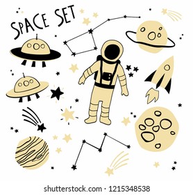Space set with hand drawn astronaut, planets, rocket and alien spaceship
