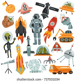 Space set of hand drawn icons with rockets and robots, satellites, astronaut and alien isolated vector illustration  