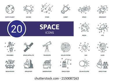 Space set icon. Contains space illustrations such as stars, space , moon and more.