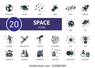 Icono de juego de espacios. Contiene ilustraciones espaciales como estrellas, espacio, luna y más.