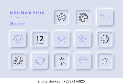 Ícone do conjunto de espaços. Exibe planeta, sol, órbita, constelação, OVNI, estrela, redemoinho de galáxia, raios de luz, globo, espaçonave, caminhos circulares, emblema numérico