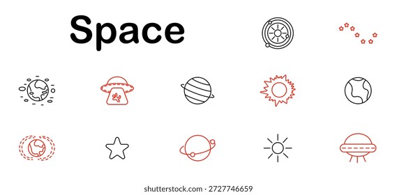 Ícone de espaço definido. Terra, OVNI, Sol, estrela, constelação, planeta, voo espacial, órbita, explosão solar, trajetória, energia cósmica, observação, luz, distância, céu negro, sistema exterior.