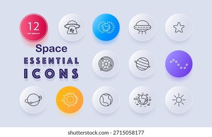 Icono de conjunto de espacios. Platillo volador, trayectoria de la órbita, nave espacial, forma de estrella, anillo de radar, anillo de planeta, cúmulo de galaxias, cuerpo solar, Tierra, líneas de superficie, patrones estelares, luz solar