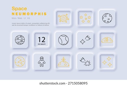Symbol für den Space-Satz. Symbole im Linienstil zeigen Planeten, Mond, Alien, Komet, Sterne, Galaxie, Rakete, Umlaufbahn, Schiff, Asteroid und kosmische Symbole mit weichen, pneumorphen Elementen.
