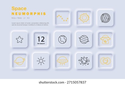 Ícone de espaço definido. Ícones neumórficos exibem planeta, OVNI, Terra, órbita, sol, estrela, aglomerado de galáxias, janela da nave espacial, número doze, e símbolos astronômicos em layout suave.