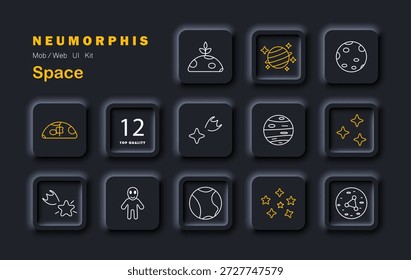 Symbol für den Space-Satz. Symbole im neumorphischen Stil mit Raumschiff-, Planeten-, Sternen-, Krater-, Kometen-, Astronauten-, Galaxie- und Orbitsymbolen, die in astronomischen Kontexten verwendet werden