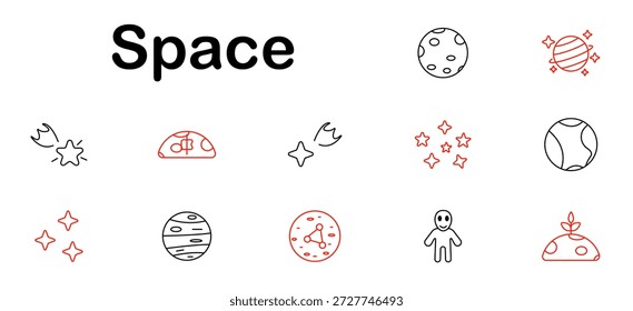 Ícone de espaço definido. Planeta, lua, estrela cadente, estrelas, asteroide, órbita, sistema solar, astronauta, galáxia, superfície, anel do planeta, cosmos, descoberta, fantasia, desconhecido, meteorito.