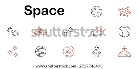 Space set icon. Planet, moon, shooting star, stars, asteroid, orbit, solar system, astronaut, galaxy, surface, planet ring, cosmos, discovery, fantasy, unknown, meteorite.