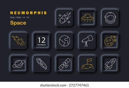 Ícone de espaço definido. Planeta, foguete, estrela, OVNI, telescópio, bandeira, astronauta, satélite, meteoro, lua, cometa, galáxia, terra em tema cósmico neumórfico delineado.