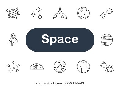 Space set icon. planets, stars, craters, alien, meteors, and cosmic elements.