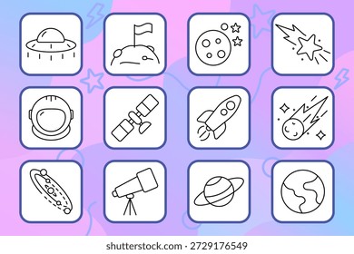 Symbol für den Space-Satz. Rakete, Planet, UFO, Astronaut, Teleskop, Satellit, Komet, Galaxie, Meteor, Raumanzug, Sonnensystem, Stern, Umlaufbahn, Mond, Erde, Astronomie, Wissenschaft, Kosmos, Erforschung, Astronautik