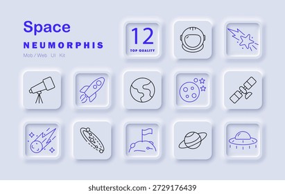 Ícone do conjunto de espaços. Foguete, telescópio, astronauta, lua, estrelas, satélite, cometa, UFO, planeta, bandeira, terra exploração cósmica com astronomia, galáxia, órbita, missão, viagem, nave espacial