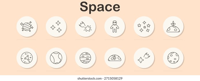 Icono de conjunto de espacios. Planetas giratorios, destellos, cometas, astronautas, estrellas agrupadas, cúpula alienígena, modelo de órbita, luna craterizada, planeta rayado, cápsula espacial, asteroide representado en estilo de contorno.