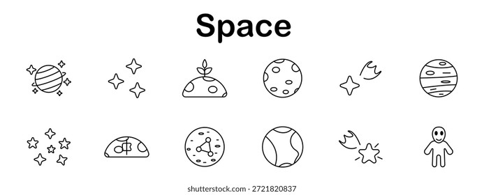 Ícone de espaço definido. Planeta listrado, brilhos, lua germinando, esfera de crateras, cometa, planeta gasoso, estrela, disco voador, planeta anelado, esfera de órbita, mundo explosivo, alienígena.