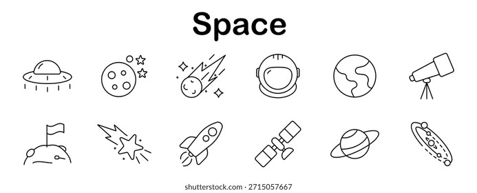 Ícone de espaço definido. OVNI, lua, cometa, capacete de astronauta, Terra, telescópio, cratera, estrela cadente, foguete, satélite, Saturno, sistema solar organizado em estilo de ícone de contorno.