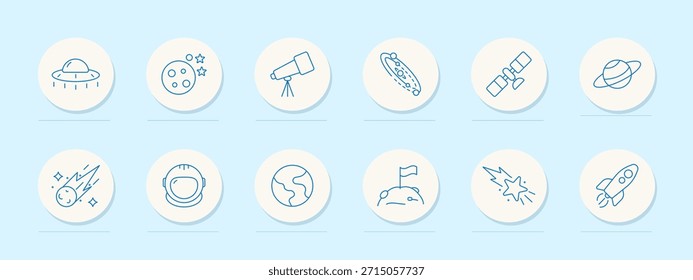 Space set icon. UFO, moon with craters, telescope, galaxy, satellite, planet, meteor, astronaut, earth, moon landing flag, shooting star, rocket, astronomy symbols.