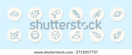 Space set icon. UFO, moon with craters, telescope, galaxy, satellite, planet, meteor, astronaut, earth, moon landing flag, shooting star, rocket, astronomy symbols.