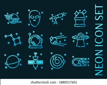 Space set icons. Blue glowing neon style.