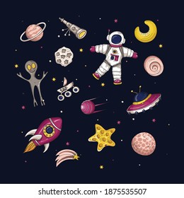 Space. Set of space icons and elements. All objects separate. Vector illustration. Hand-drawn.