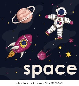Space. Set of space icons and elements. All objects separate. Vector illustration. Hand-drawn.