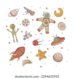 Space. Set of space icons and elements. All objects separate. Vector illustration. Hand-drawn.
