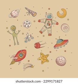 Space. Set of space icons and elements. All objects separate. Vector illustration. Hand-drawn.