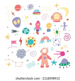 Space. Set of space icons and elements. Doodle. All objects separate. Vector illustration. Hand-drawn.