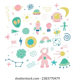 Space. Set of space icons and elements. Doodle. All objects separate. Vector illustration. Hand-drawn.