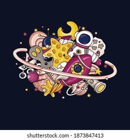 Space. Set of space icons and elements.
Science fiction drawings for poster, cover or background. All objects separate. 