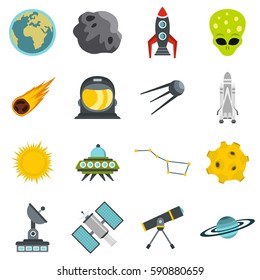 Space set icons in flat style isolated on white background