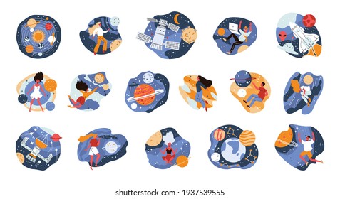 Space set of isolated compositions with no gravity space constellations of stars planets and human characters vector illustration