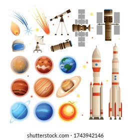 Space set with isolated icons and images of planets falling stars and orbital stations with rockets vector illustration