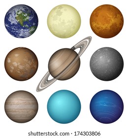 Space set of isolated planets of Solar System - Mercury, Venus, Earth, Mars, Jupiter, Saturn, Uranus, Neptune and Moon. Elements of image furnished by NASA. Eps10, contains transparencies. Vector