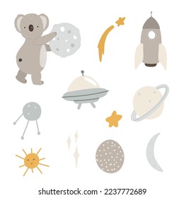 Space set koala, moon, planet, space rocket, star, sun. Vector illustration on white background for sticker, print, poster, postcard